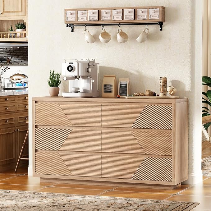 55.12" Modern Chest of Drawer, 6 Deep Drawers,Clothes Organizer,Large Storage Cabinet for Living Room, Bedroom,Dresser TV Stand, Wood Drawer Organizer for Living Room, Hallway, Natural Wood