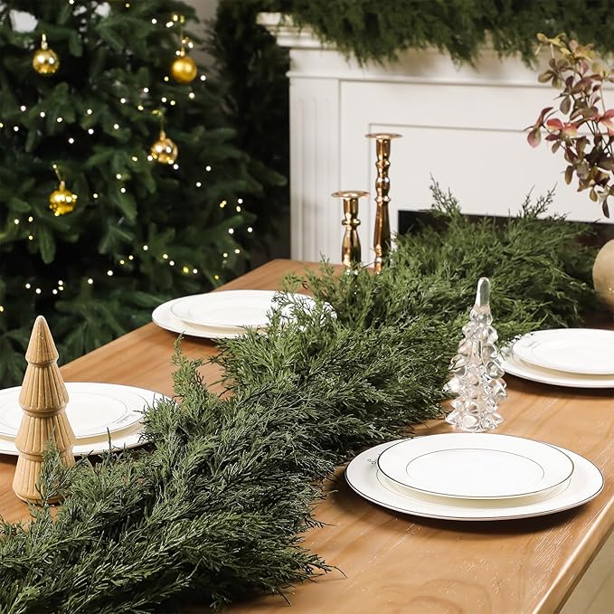 Dingion 1 Pcs 6 ft Christmas Cedar Garland - Thick & Lush, Soft Realistic Artificial Faux Cedar Cypress Pine Garland for Holiday Christmas Winter Home Table Mantel Wall Indoor Seasonal Decoration