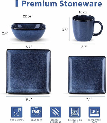 LIANYU 16 Piece Square Dinnerware Sets, Ceramic Plates and Bowls Sets for 4, Dinner Dishes for Kitchen Dining, Microwave & Dishwasher Safe, Sapphire Blue