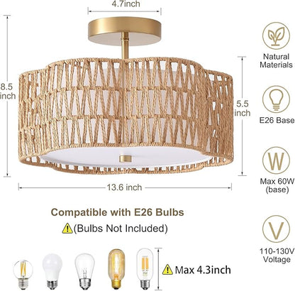 13.6" Boho Light Fixtures Flush Mount, 3-Light Rattan Ceiling Light Fixtures Flush Mount Gold for Bedroom, Flower-Shaped Close to Ceiling Light Fixture for Hallway Kitchen Dining Room(Yellow)