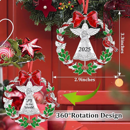 Christmas Ornament 2025 for Christmas Tree Decorations, Dated 2025 Christmas Wreath Ornament with Rotatable Angel for Holiday Decorative Keepsake Gift(Metal,1 Pack)