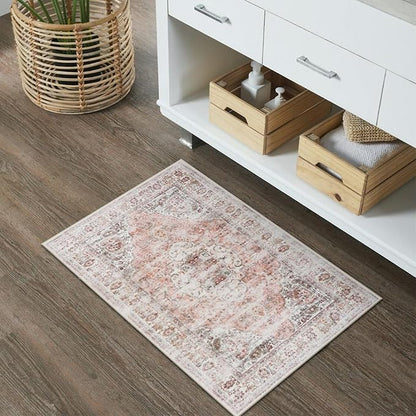Uphome Boho Bathroom Rugs, Distressed Farmhouse Blush Pink Bath Mat, Comfy Velvet Small Bath Rugs Non Slip Washable, Vintage Oriental Toilet Rug for Sink Shower Vanity, 18x26 inch