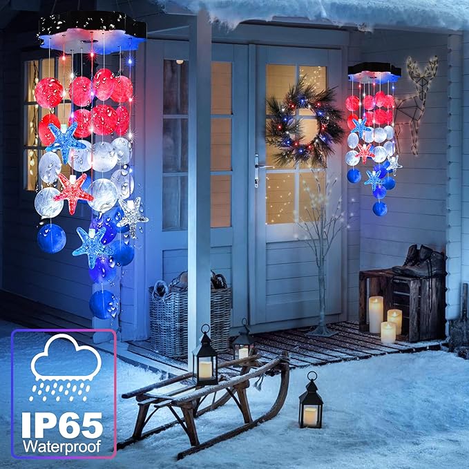 Solar Shell Gift for Mom Grandma Girls, Christmas Red White Blue Solar Wind Chimes for Outside, Christmas Decorative Mobile Lights for Garden, Yard, Patio, Window, Party, Outdoor Decorations