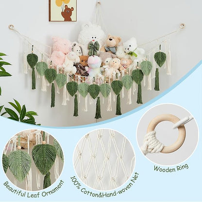 Pretty Jolly Stuffed Animal Storage with Hand Woven Leaf Tassels Hammock Corner Hanging Net Boho Macrame Plush Storage for Toys Kid Room Wall Nursery Decor for Girls Gift (Sage Green&Avocado Green)