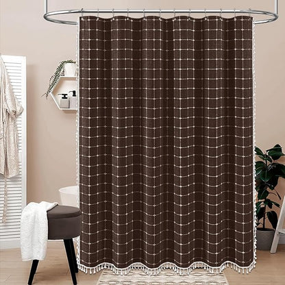 BTTN 78 Inch Long Shower Curtain - Boho Farmhouse Linen Ultra Thick Fabric Shower Curtain Set with Plastic Hooks, Tall Rustic Country Weighted Cloth Shower Curtains for Bathroom Decor - Brown - 72x78