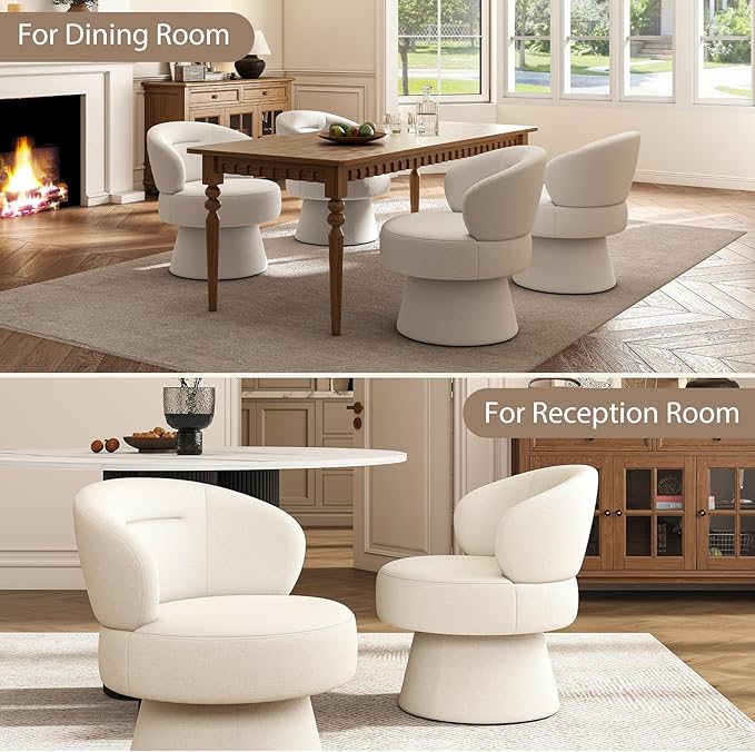 360° Swivel Accent Chairs Set of 2, Modern Chenille Upholstered Boucle Dining Chair with Back, Vanity Chair Accent Armchair Side Chairs for Dining/Living Room, Bedroom, White