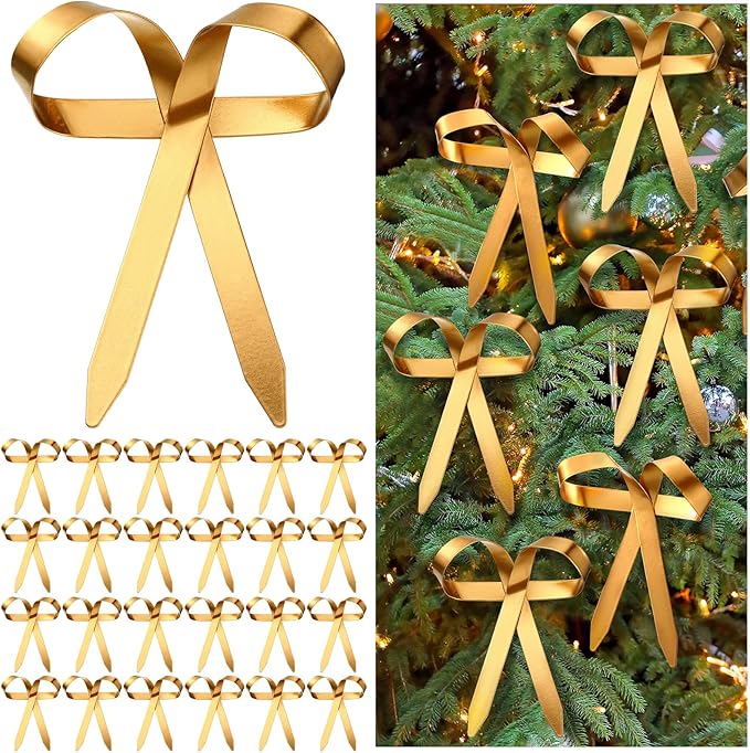 24 Pcs 2025 Metal Christmas Bow Ornaments for Christmas Tree Garland Wreath Bulk Bow with Clip Ornament Vintage Indoor Outdoor Home Xmas Party Decorations, 4 x 5 Inches (Gold)