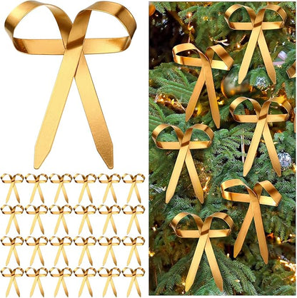 24 Pcs 2025 Metal Christmas Bow Ornaments for Christmas Tree Garland Wreath Bulk Bow with Clip Ornament Vintage Indoor Outdoor Home Xmas Party Decorations, 4 x 5 Inches (Gold)