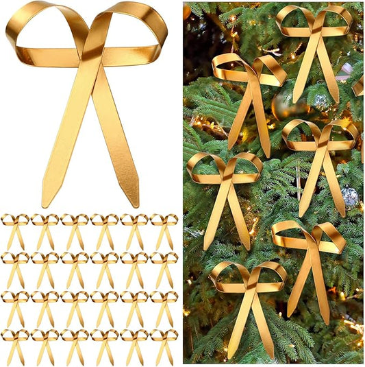 24 Pcs 2025 Metal Christmas Bow Ornaments for Christmas Tree Garland Wreath Bulk Bow with Clip Ornament Vintage Indoor Outdoor Home Xmas Party Decorations, 4 x 5 Inches (Gold)