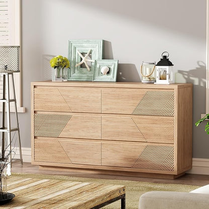 55.12" Modern Chest of Drawer, 6 Deep Drawers,Clothes Organizer,Large Storage Cabinet for Living Room, Bedroom,Dresser TV Stand, Wood Drawer Organizer for Living Room, Hallway, Natural Wood