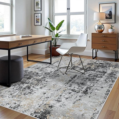 5x7 Area Rugs for Living Room Rug Washable: Abstract Rug for Dining Room Bedroom Carpet Non Slip 5 by 7 Indoor Modern Nursery Home Office Black Grey Gold