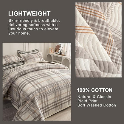Cotton Plaid Quilt Set King 3 Piece Lightweight Reversible Bedding, Grid Grey White