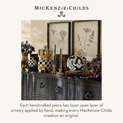 MACKENZIE-CHILDS Crowned Skull, Resin Halloween Home Decor, Pink-and-White Rosy Check