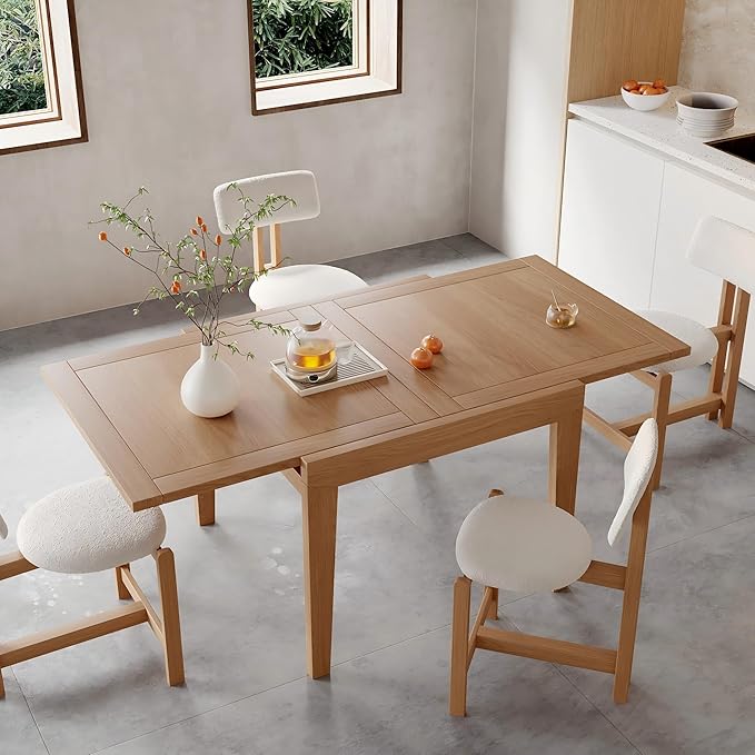 Acanva Rectangle Extendable Dining Table for 4-6 Person, Modern Kitchen Small Space Tables with Solid Wood Legs, Natural Oak