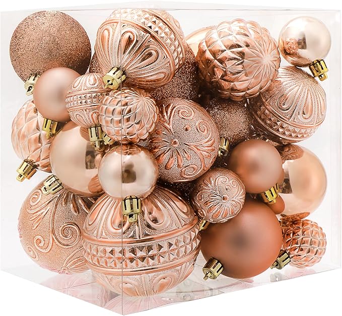 Christmas Ball Ornaments Rose Gold Christmas Tree Decorations with Hang Rope-36pcs Shatterproof Christmas Ornaments Set with 6 Styles in 3 Sizes(Small Medium Large)
