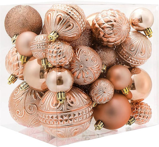 Christmas Ball Ornaments Rose Gold Christmas Tree Decorations with Hang Rope-36pcs Shatterproof Christmas Ornaments Set with 6 Styles in 3 Sizes(Small Medium Large)