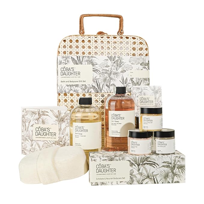 COBA’S DAUGHTER Christmas Gift for Women - Bath & Body Care Gift Basket, 7-Piece Spa Inspired Set with Body Wash, Bubble Bath & Travel Minis - Perfect Birthday Gift, Self-Care Spa Set
