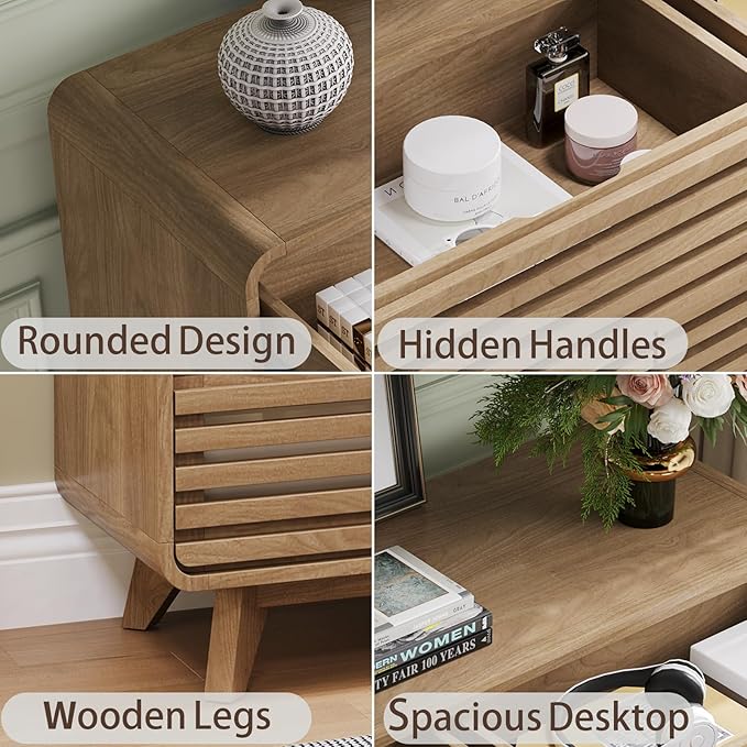 Fluted Dresser for Bedroom, Wide 6 Drawers Dresser, Chests of Drawers with Grille & Curved Design, Dressers Slides Pre-Installed, Large Wood Drawer Organizer for Bedroom Hallway, Natural Oak