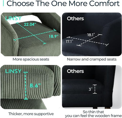 LINSY Swivel Barrel Chair, 360 Modern Swivel Accent Chair Boucle Swivel Chair Round, Green Corduroy Chairs with Arms, Small Barrel Chair for Small Spaces Bedroom Living Room