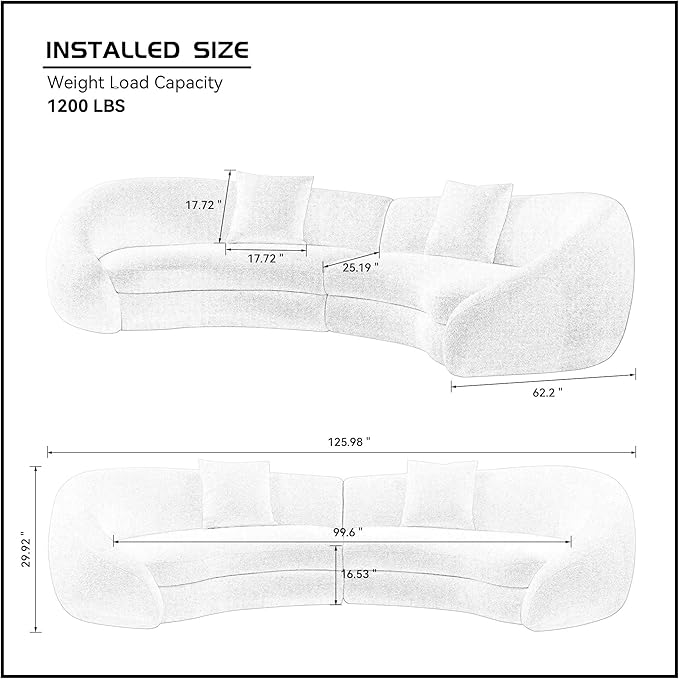 KEIKI 126" Curved Oversized Boucle Sectional Sofa with Love Heart Design, Modern 5-Seater Polyester Couch with 2 Decorative Pillows and Rolled Arms, Easy Assembly, for Apartment, Living Room, Black