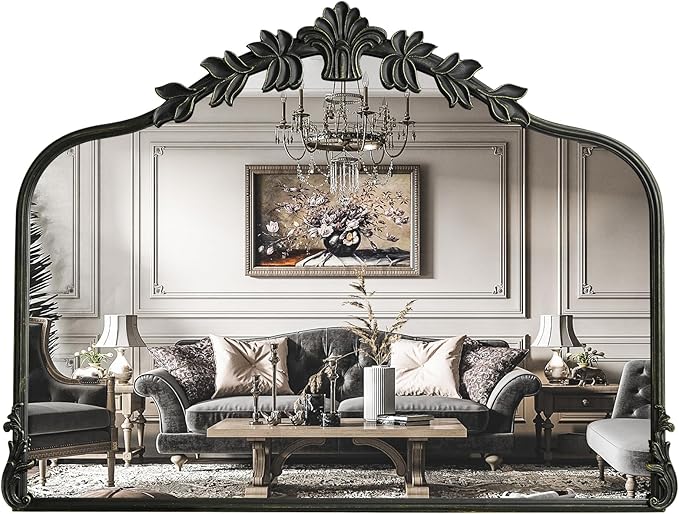 WallBeyond Black Antique Mirror for Vanity 32x24 Inch, Black Vintage Mirror with Ornate Frame, Arched Vintage Wall for Bathroom, Living Room, Fireplace