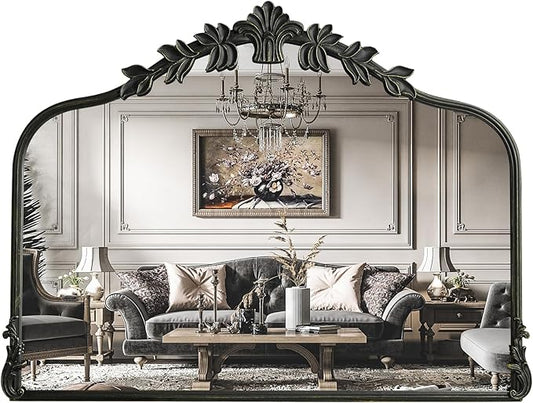 WallBeyond Black Antique Mirror for Vanity 32x24 Inch, Black Vintage Mirror with Ornate Frame, Arched Vintage Wall for Bathroom, Living Room, Fireplace