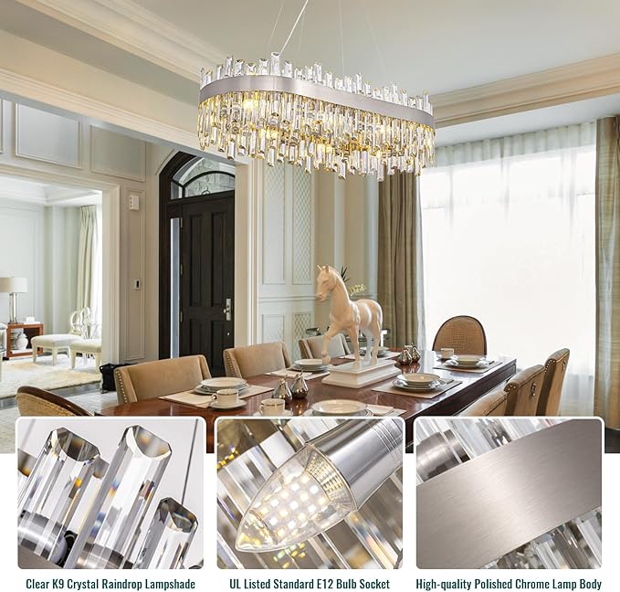 Siljoy 16-Light Modern Crystal Chandelier, Luxury Rectangular 2-Tier Crystal Raindrop Chandelier, Brushed Nickel Oval Pendant Ceiling Light Fixture for Dining Room Kitchen Island Bar L35.4''
