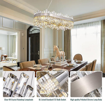 Siljoy 16-Light Modern Crystal Chandelier, Luxury Rectangular 2-Tier Crystal Raindrop Chandelier, Brushed Nickel Oval Pendant Ceiling Light Fixture for Dining Room Kitchen Island Bar L35.4''
