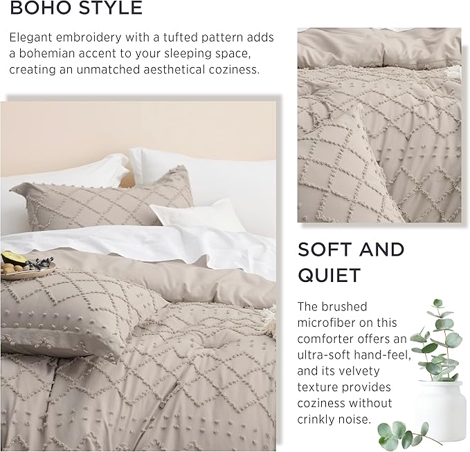 Bedsure Queen Comforter Set - Linen Comforter, Boho Tufted Shabby Chic Bedding for Kids, 3 Pieces Vintage Farmhouse Bed Set for All Seasons, Fluffy Soft Bedding with 2 Pillow Shams