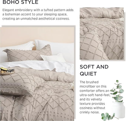 Bedsure Queen Comforter Set - Linen Comforter, Boho Tufted Shabby Chic Bedding for Kids, 3 Pieces Vintage Farmhouse Bed Set for All Seasons, Fluffy Soft Bedding with 2 Pillow Shams