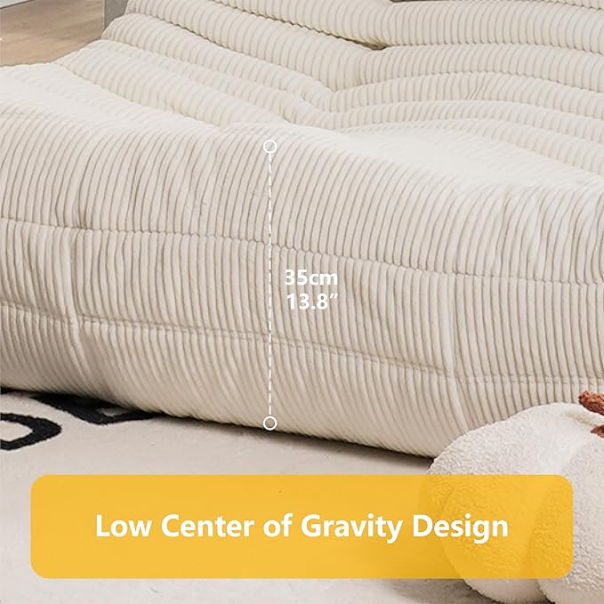 N&V Fireside 3 Seater Sofa Mid Century Armless Twin Floor Sofa Corduroy Lounge Chair Foam Accent Chair, Ivory