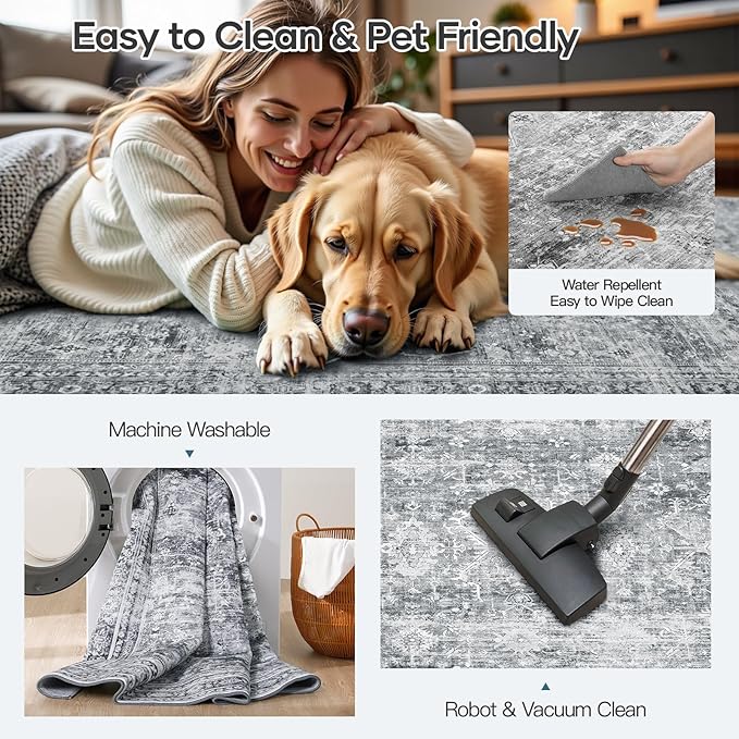 Lofus 10x14 Area Rug for Living Room,Grey Washable Large Rugs with Non-Slip Backing,Soft Boho Carpets for Bedroom Dining Room Home Office Indoor Nursery