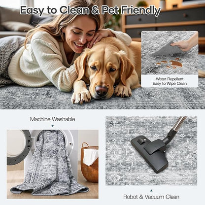 Lofus 10x14 Area Rug for Living Room,Grey Washable Large Rugs with Non-Slip Backing,Soft Boho Carpets for Bedroom Dining Room Home Office Indoor Nursery