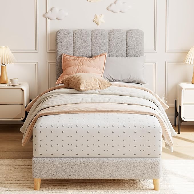 GarveeHome Twin Bed Frame, Boucle Upholstered Platform Bed with Wave Headboard for Girls/Boys/Kids, Easy Assembly, Wooden Slats Support, No Box Spring Needed, Grey