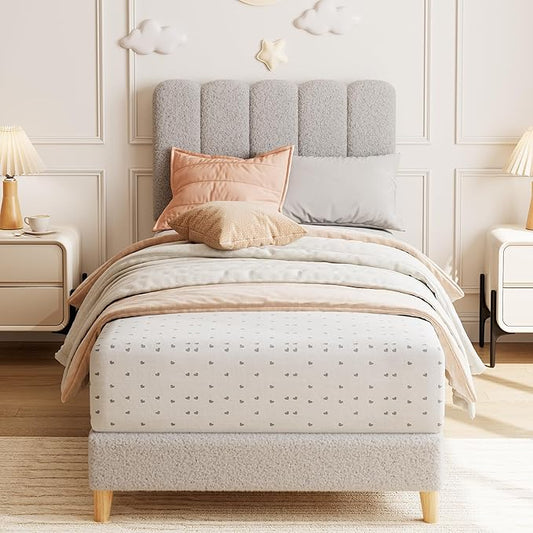 GarveeHome Twin Bed Frame, Boucle Upholstered Platform Bed with Wave Headboard for Girls/Boys/Kids, Easy Assembly, Wooden Slats Support, No Box Spring Needed, Grey