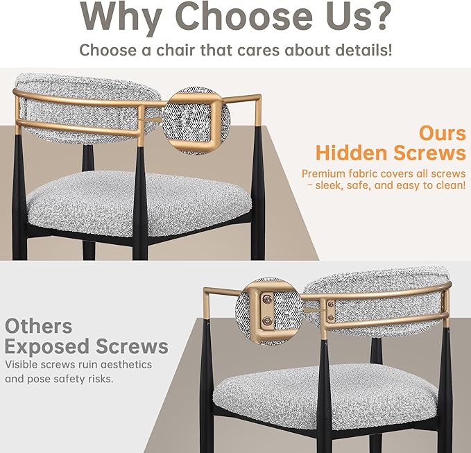 Morden Fort Modern Boucle Dining Chairs Set of 2, Grey Upholstered Dining Chairs with Black Metal Legs and Gold Armrest, for Kitchen, Living Room and Café