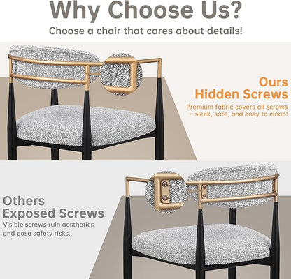 Morden Fort Modern Boucle Dining Chairs Set of 2, Grey Upholstered Dining Chairs with Black Metal Legs and Gold Armrest, for Kitchen, Living Room and Café