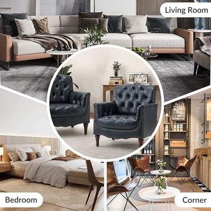 HULALA HOME Mid Century Modern Leather Club Chairs Set of 2, Top-Grain Genuine Leather Armchairs with Button-Tufted Back & Solid Wood Legs, Accent Chairs for Living Room/Bedroom/Home Office, Navy