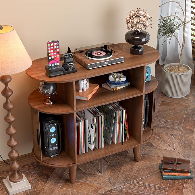 Large Round Record Player Stand with Charging Station & USB Ports，Record Storage Cabinet, Mid Century Modern Turntable Stand Console for Bedroom Living Room (Small Brown)