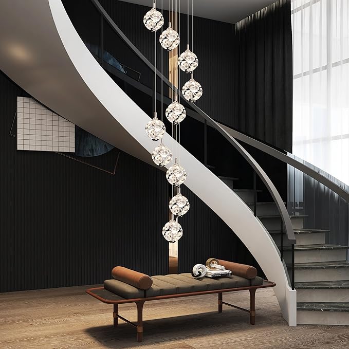 10-Light High Ceilings Long Chandeliers Modern Crystal Staircase Chandelier Hanging Lighting Fixtures Long Raindrop Hanging Chandeliers for Staircase,Foyer,Entryway
