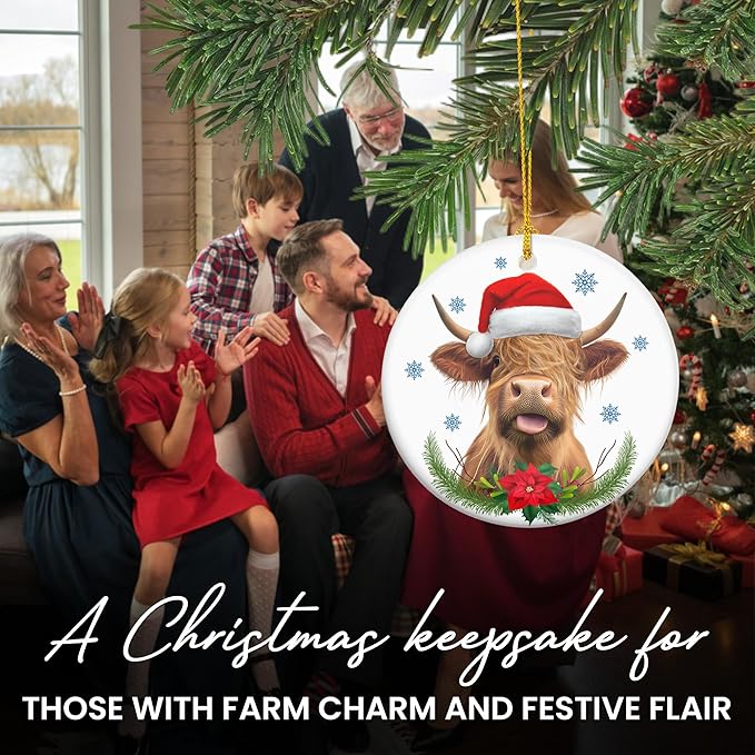 OASSIE Highland Cow Christmas Ornaments Gifts for Women Men - Ceramic Ornaments 2025 for Tree Decorations - Cow Ornament for Farmhouse Decorations, Hanging Ornament for Rustic Tree, Farm Animal Gifts
