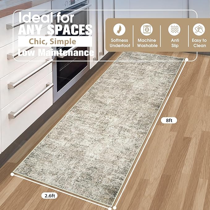 Runner Rug for Hallways Kitchen 2'6"x8' Washable Non Slip: Carpet Non Skid 8ft Entryway Rubber Backed 8 Feet Neutral Abstract Modern Rug Low Pile Pet Friendly Indoor Beige Brown
