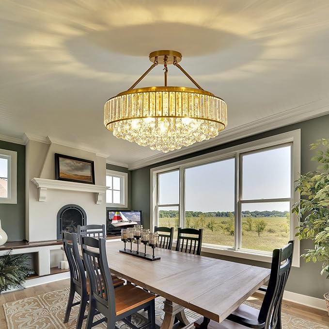 YYJLX 6-Light Modern Large Crystal Chandelier Gold Metal E26 Semi Flush Mount Round Ceiling Light Fixture Ceiling Lamp Farmhouse for Dining Room Living Room Laundry Room Foyer Kitchen Bedroom