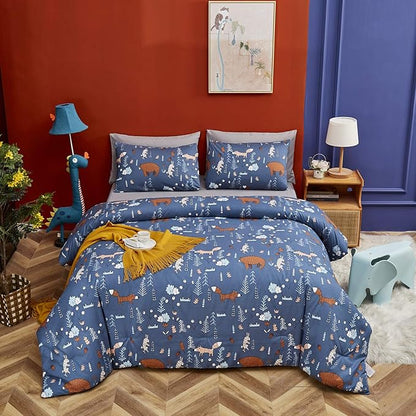CLOTHKNOW Animal Full Size Comforter Sets Kids Blue Bedding Comforter Sets Cartoon Rustic Fox Rabbit Comforter with 2 x Pillow Cases