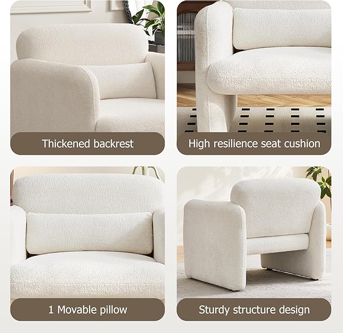 33.86" Accent Chairs, Modern Upgrade Sherpa Fabric Arm Chair Comfy Upholstered Armchair Leisure Single Sofa Chair with a Waist Pillow for Bedroom, Office and Living Room