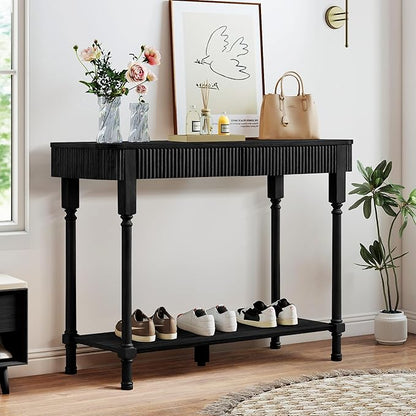 43.3'' Fluted Console Table for Entryway, Narrow Entryway Tables with 2 Wooden Drawers, Retro Sofa Table Behind Couch Accent Tables for Foyer, Living Room, Hallway (Black)