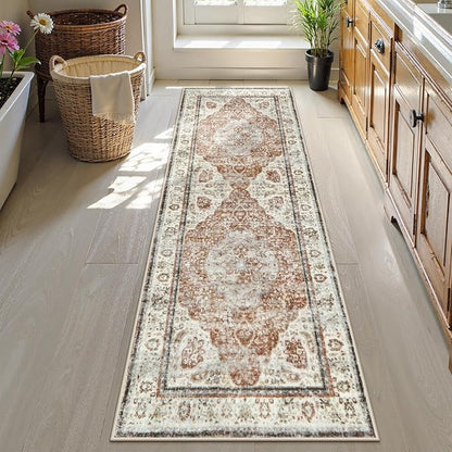 Uphome Bathroom Runner Rug, Distressed Tribal Farmhouse Orange Bathroom Mat, Large Bathroom Rugs Non Slip Washable, Oriental Retro Boho Bath Mat Runner for Bathtub Sink Hallway, 24x71 inch