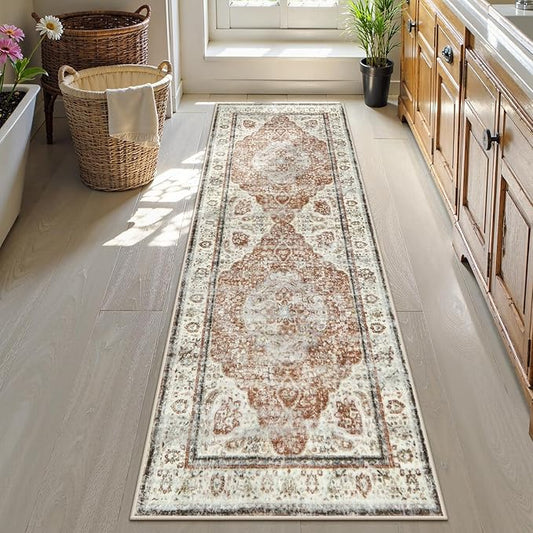 Uphome Bathroom Runner Rug, Distressed Tribal Farmhouse Orange Bathroom Mat, Large Bathroom Rugs Non Slip Washable, Oriental Retro Boho Bath Mat Runner for Bathtub Sink Hallway, 24x71 inch