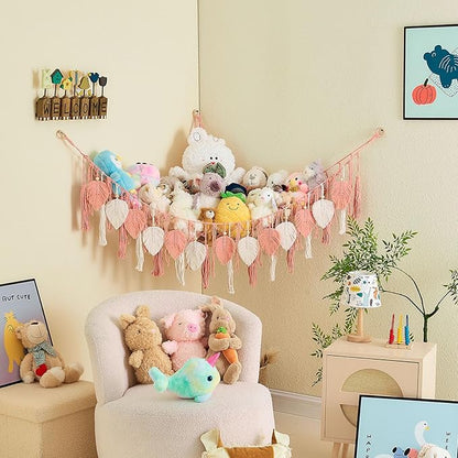 Pretty Jolly Stuffed Animal Storage with Hand Woven Leaf Tassels Hammock Corner Hanging Net Boho Macrame Storage for Kid Room Nursery Decor Corner Wall Display Organizer for Girls Gift(Leather Pink)
