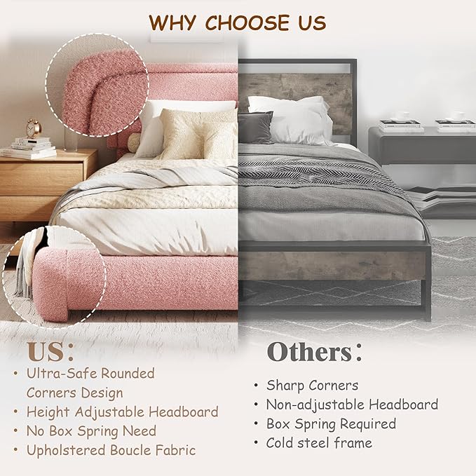 Queen Size Boucle Bed Frame, Cloud Upholstered Platform Bed with Height Adjustable Headboard & Soft Rounded Corners, No Box Spring Needed, Noise Free, Easy Assembly, Pink